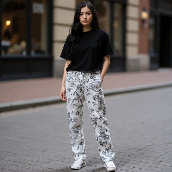 Bootlegger jeans Paradise Femme Taille 28 couleur crème motif floral gris - Picture 1 of 10